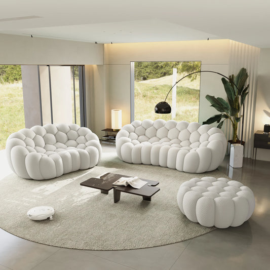 Sofás Essential Arc Boneless | Conjunto de sofás de 3 piezas en tejido de punto 3D gris claro de 5 plazas con 1 otomana