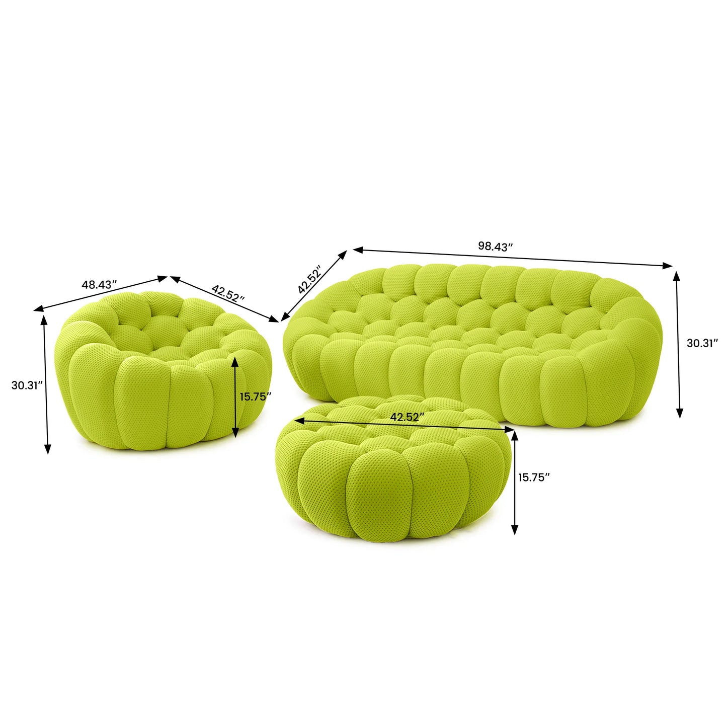 Essential Armless Floor Sofas | 3-Piece 3D Knitted Fabric Lime Green Sofa Sets 4-Seater With 1 Ottoman