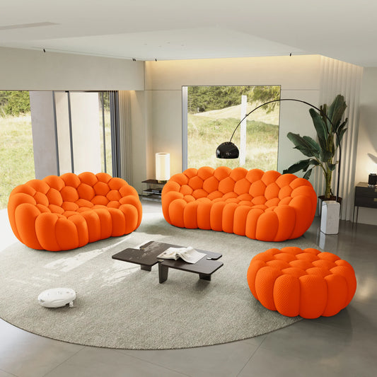 Sofás Essential Arc Boneless | Conjunto de sofás naranjas de 3 piezas con tejido de punto 3D, 5 plazas y 1 otomana