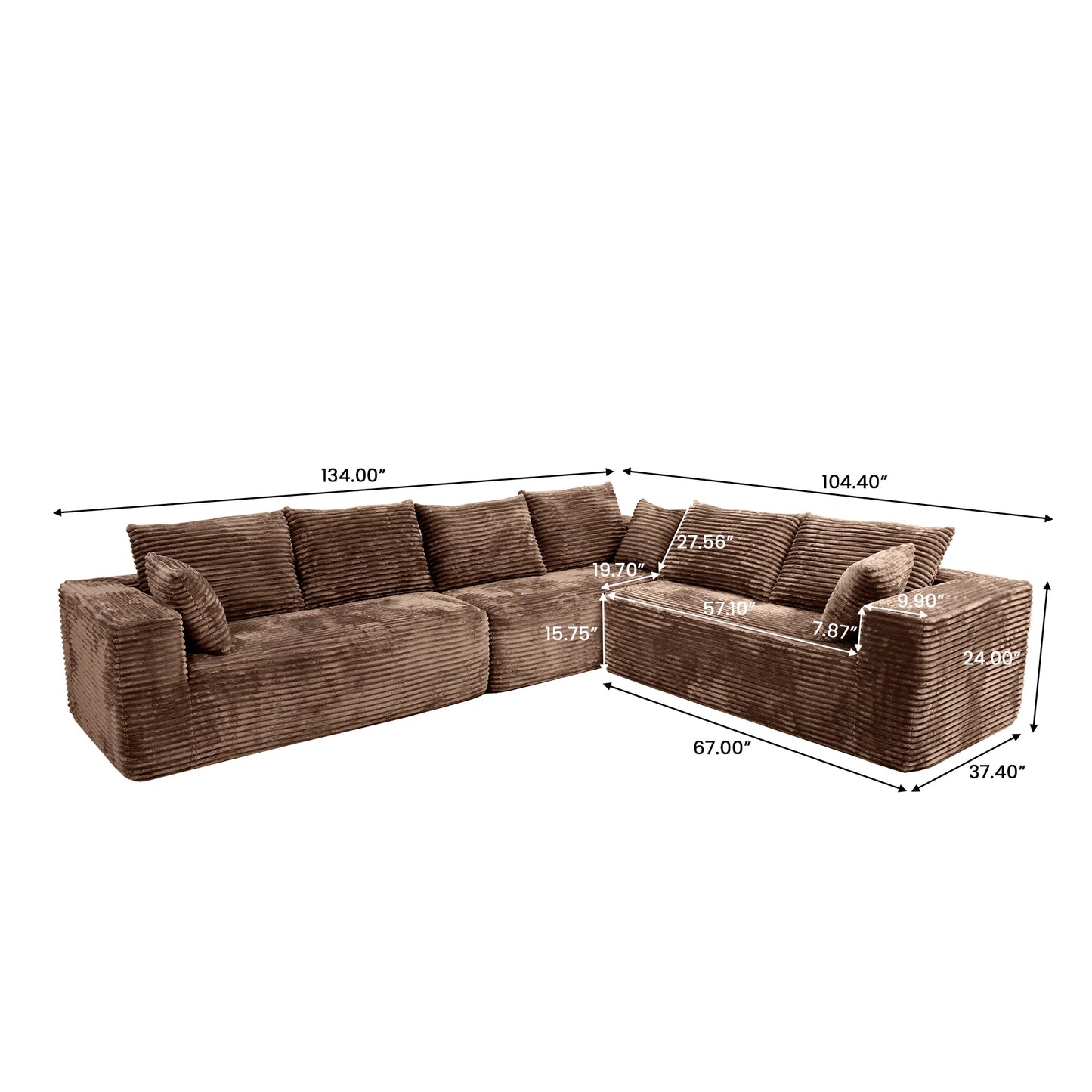 Sofás seccionales Matrix Nook | Sofás seccionales en forma de L de 3 piezas en pana marrón de 3 plazas