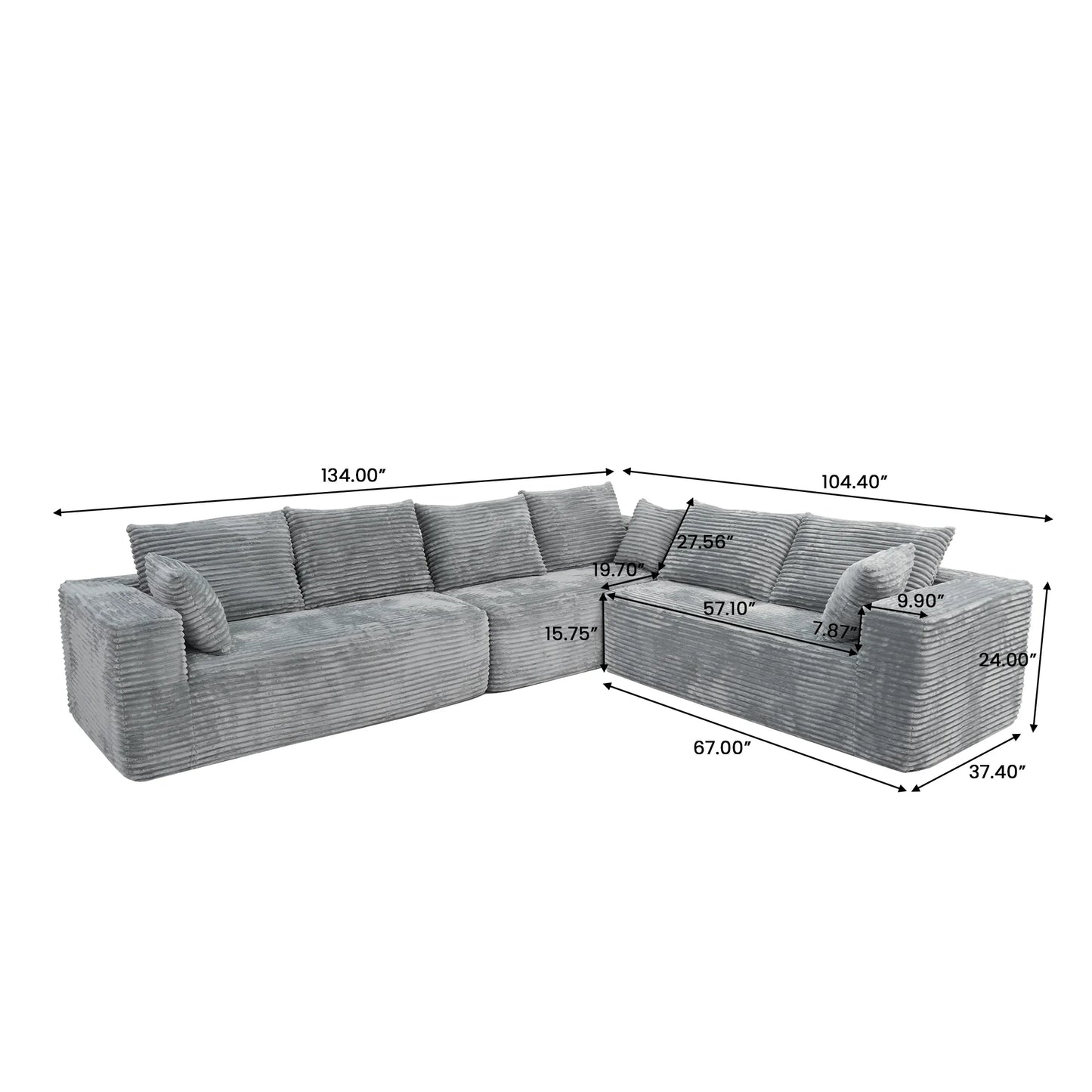 Sofás seccionales Matrix Nook | Sofás seccionales de 3 piezas en forma de L de pana gris claro de 3 plazas