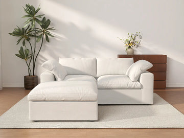 Deluxe Cloud 2-Seater White Storage Chaise Sectional | 3-Piece (includes 1 Ottoman), Cotton and Linen Fabric, Washable Covers