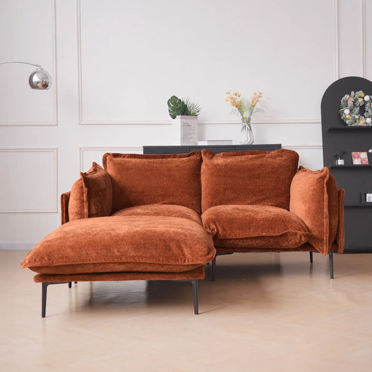 Deluxe Urban Cloud Sectional Sofas | 3-Piece Velvet Orange Chaise Sectionals 2-Seater With 1 Ottoman