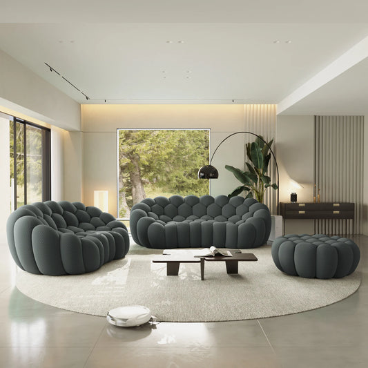 Sofás Essential Arc Boneless | Conjunto de sofás grises de 3 piezas con tejido de punto 3D de 5 plazas y 1 otomana