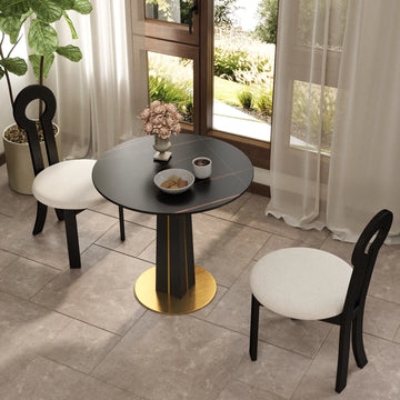 Mesa de bistró Nero de piedra sinterizada | Redonda negra de 86 cm con base de madera