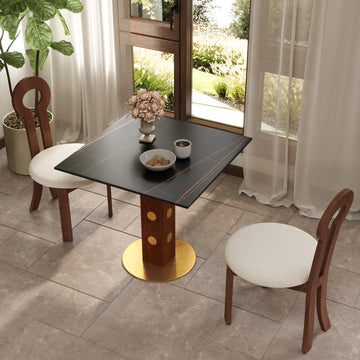 Mesa de bistró Nero de piedra sinterizada | Cuadrada negra de 86 cm con base de madera