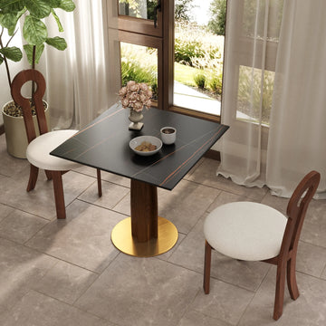 Mesa de bistró Nero de piedra sinterizada | Cuadrada negra de 86 cm con base de madera