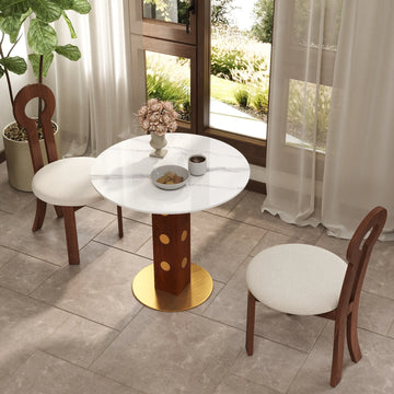 Mesa de bistró Nero de piedra sinterizada | Redonda blanca de 86 cm con base de madera