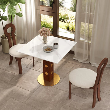 Mesa de bistró Nero de piedra sinterizada | Cuadrada blanca de 86 cm con base de madera