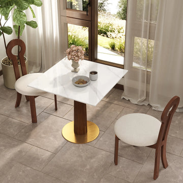 Mesa de bistró Nero de piedra sinterizada | Cuadrada blanca de 86 cm con base de madera
