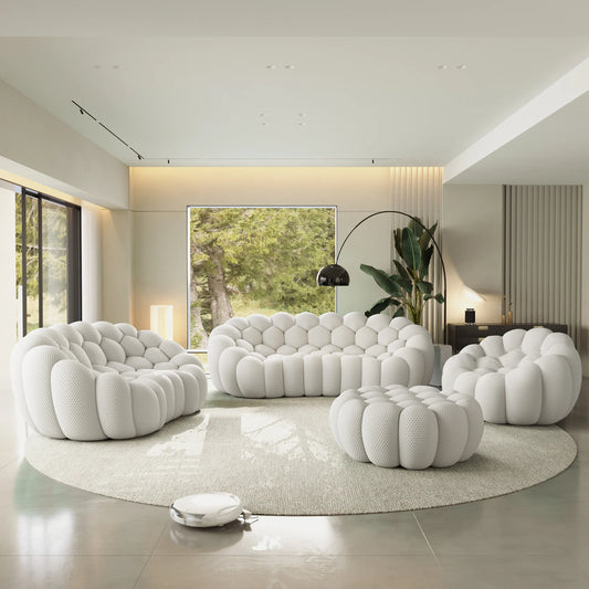 Sofás Essential Arc Boneless | Conjunto de 4 sofás de tejido de punto 3D gris claro de 6 plazas con 1 otomana