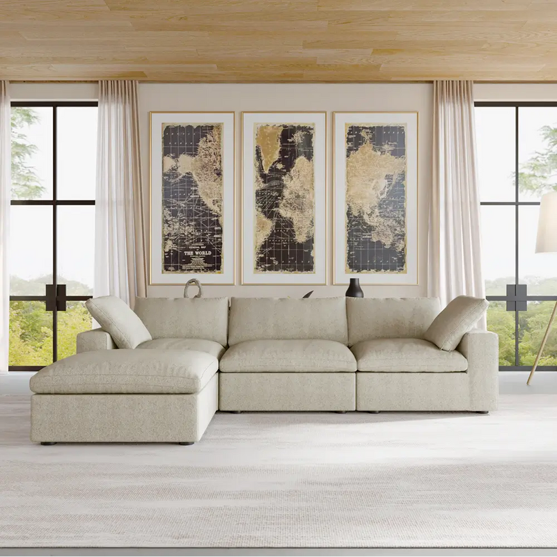 Deluxe Premium Cloud Sectional Sofas | 4-Piece Cotton and Linen Khaki L-Shaped Sectionals 120" Cloud-Like Comfort 3-seaters
