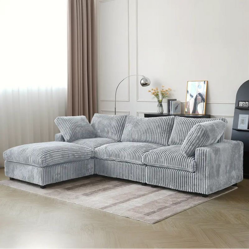 Deluxe Classic Cloud Sectional Sofas | 4-Piece Light Grey Plush Fabric L Shaped Sectionals 3-seaters