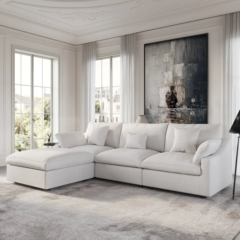 Deluxe Slope Cloud Sectional Sofas | 4-Piece Linen White L-Shaped Sectionals 120" Adjustable Backrest Pillows 3-seaters