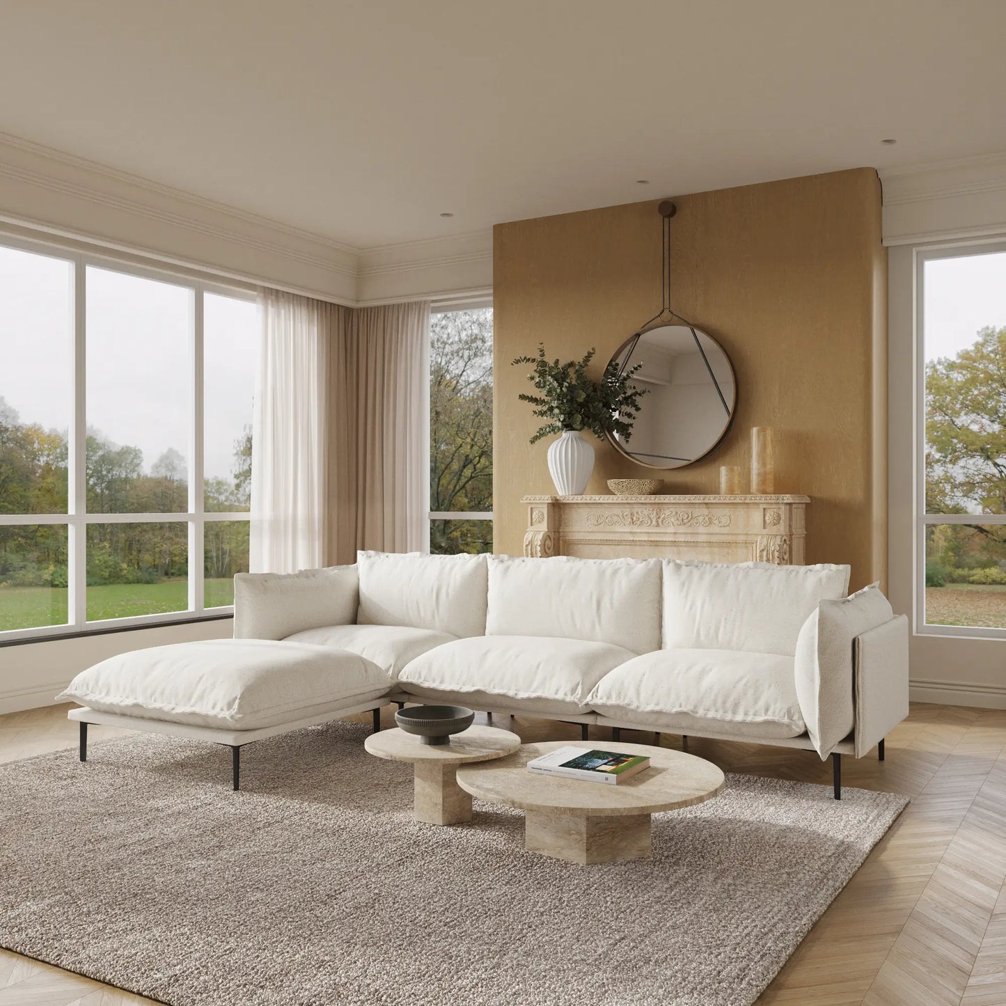 Deluxe Urban Cloud Sectional Sofas | 4-Piece Velvet Beige L-Shaped Sectionals 3-Seater With 1 Ottoman