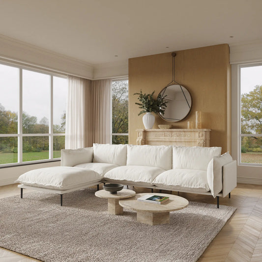 Deluxe Urban Cloud Sectional Sofas | 4-Piece Velvet Beige L-Shaped Sectionals 3-Seater With 1 Ottoman