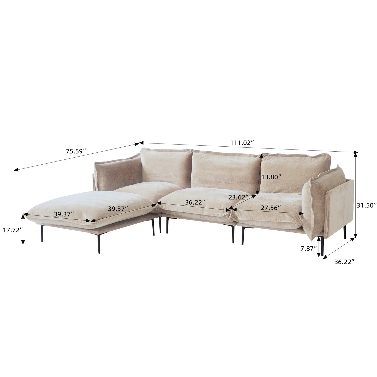 Deluxe Urban Cloud Sectional Sofas | 4-Piece Velvet Brown L-Shaped Sectionals 3-Seater With 1 Ottoman