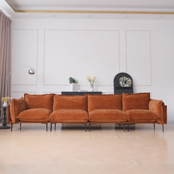 Deluxe Cloud 4-Seater Orange Modular Couch Sectional | 4-Piece, Velvet Fabric, Roomy Layout