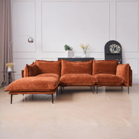 Deluxe Urban Cloud Sectional Sofas | 4-Piece Velvet Orange L-Shaped Sectionals 3-Seater With 1 Ottoman