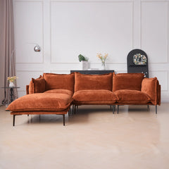 Deluxe Urban Cloud Sectional Sofas | 4-Piece Velvet Orange L-Shaped Sectionals 3-Seater With 1 Ottoman