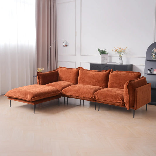 Deluxe Urban Cloud Sectional Sofas | 4-Piece Velvet Orange L-Shaped Sectionals 3-Seater With 1 Ottoman
