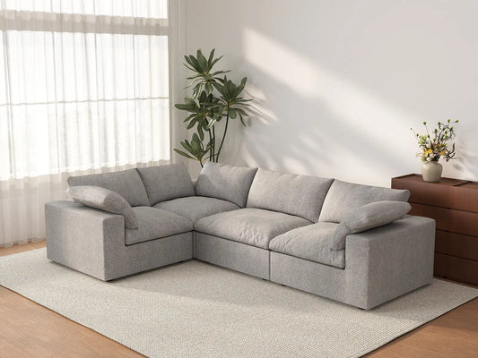 Deluxe Cloud 4-Seater Light Grey Large Space L-Shaped Sectional | 4-Piece, Cotton And Linen Fabric, Easy To Clean