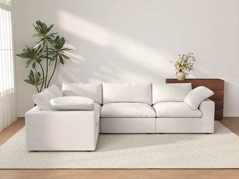 Deluxe Cloud 4-Seater White L-Shaped Sectional | 4-Piece, Cotton And Linen Fabric, Washable Cushion Covers