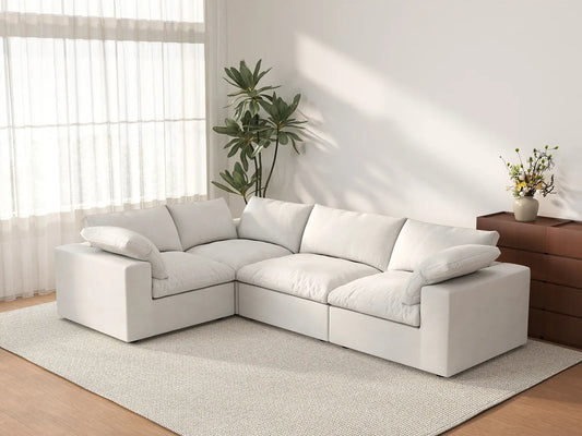 Deluxe Cloud 4-Seater White L-Shaped Sectional | 4-Piece, Cotton And Linen Fabric, Washable Cushion Covers