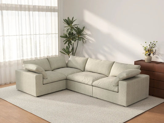 Deluxe Cloud 4-Seater Khaki L-Shaped Sectional | 4-Piece, Cotton And Linen Fabric, Washable Cushion Covers