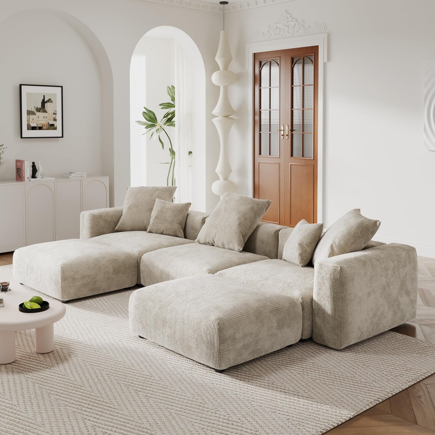 Modular Sectional Couch Sofa with 4 Pillows, 102" L Shaped Sofa Couch with Chaise Ottomans,Corduroy Fabric Couches (Beige)