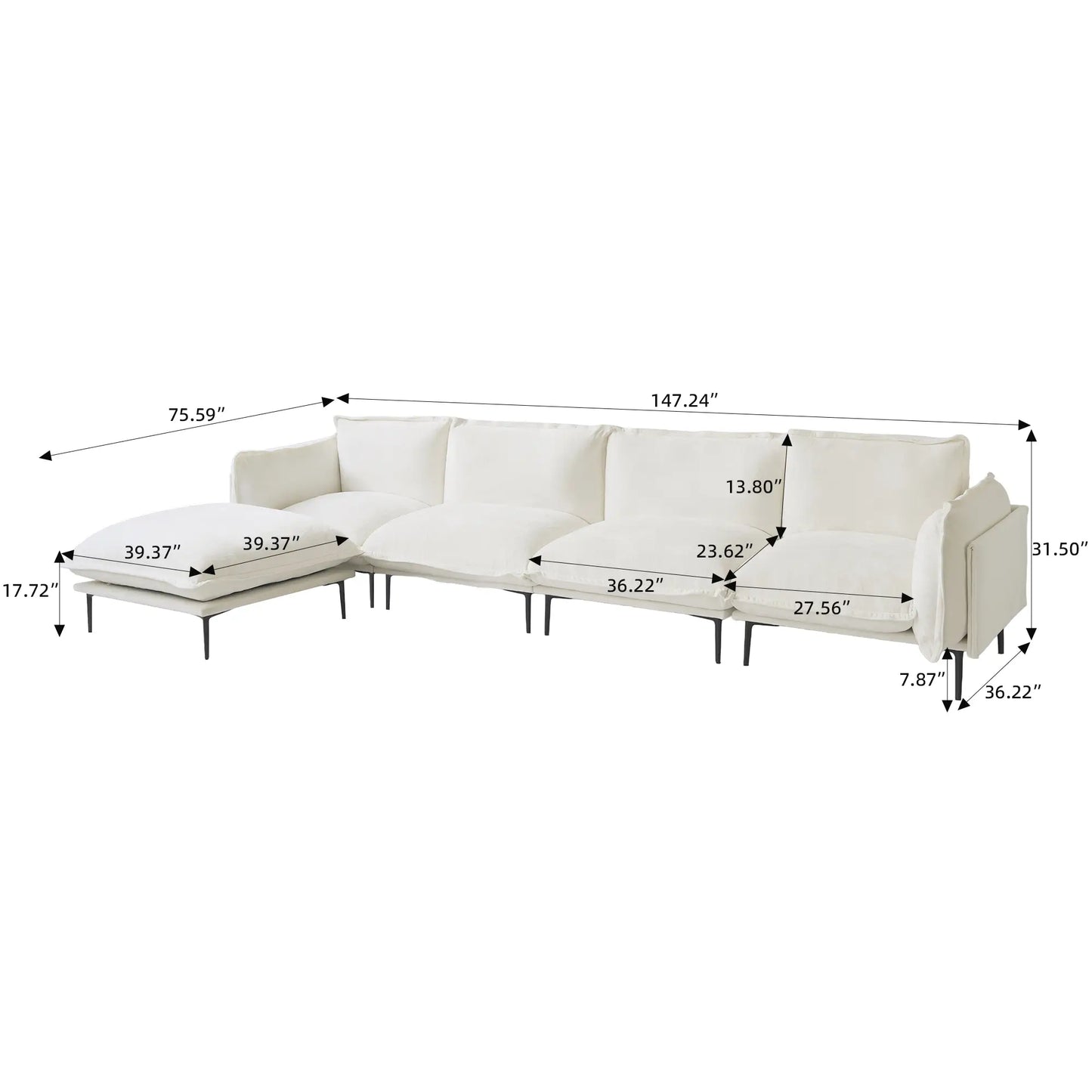 Deluxe Urban Cloud Sectional Sofas | 5-Piece Velvet Beige L-Shaped Sectionals 4-Seater With 1 Ottoman
