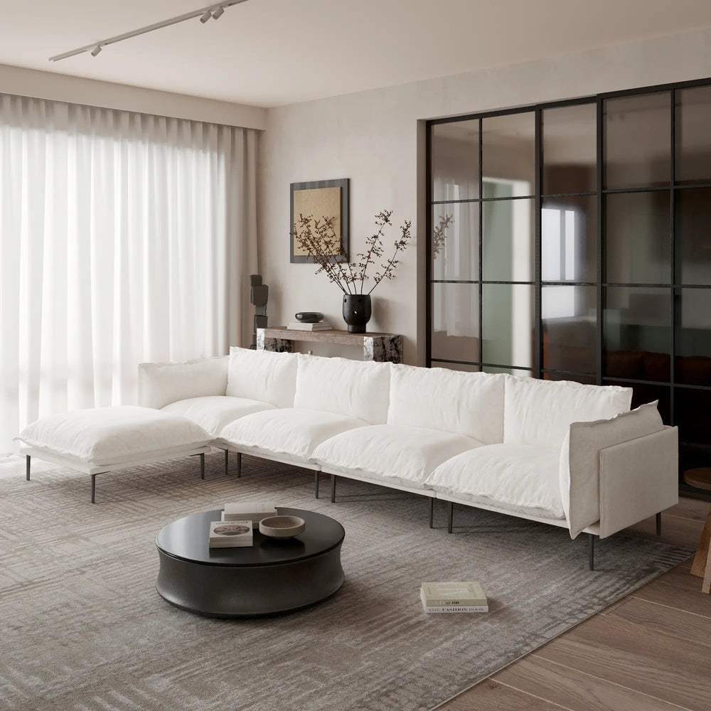 Deluxe Urban Cloud Sectional Sofas | 5-Piece Velvet Beige L-Shaped Sectionals 4-Seater With 1 Ottoman
