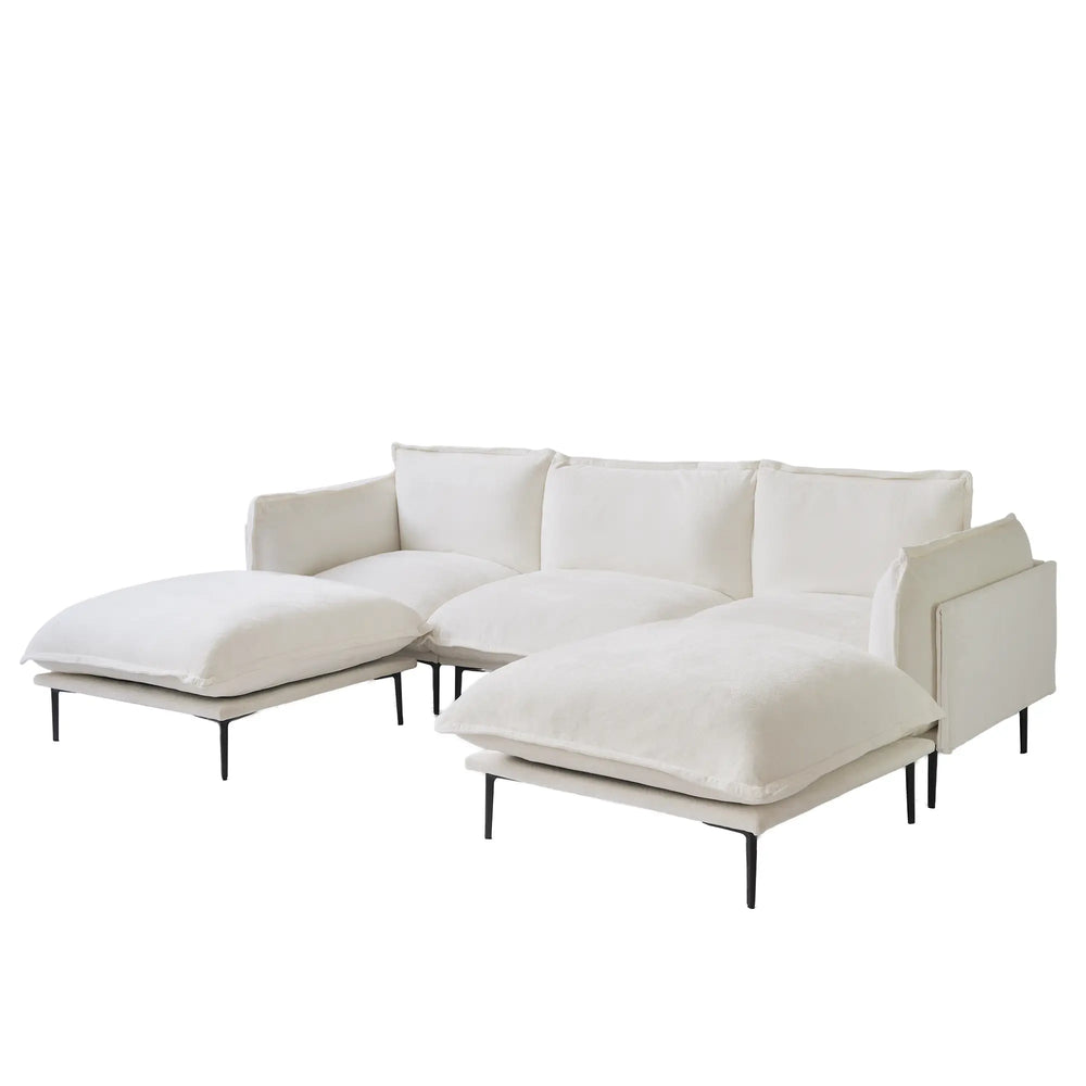 Deluxe Urban Cloud Sectional Sofas | 5-Piece Velvet Beige U-Shaped Sectionals 3-Seater With 2 Ottomans
