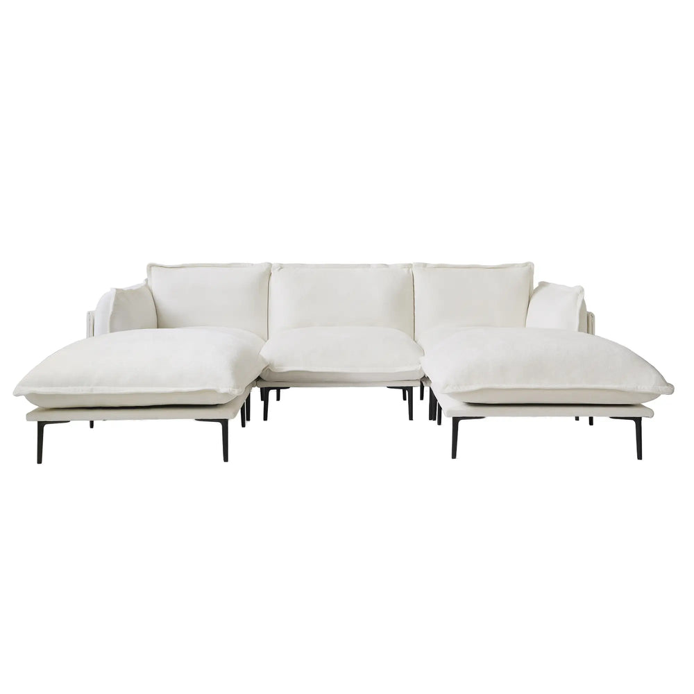 Deluxe Urban Cloud Sectional Sofas | 5-Piece Velvet Beige U-Shaped Sectionals 3-Seater With 2 Ottomans