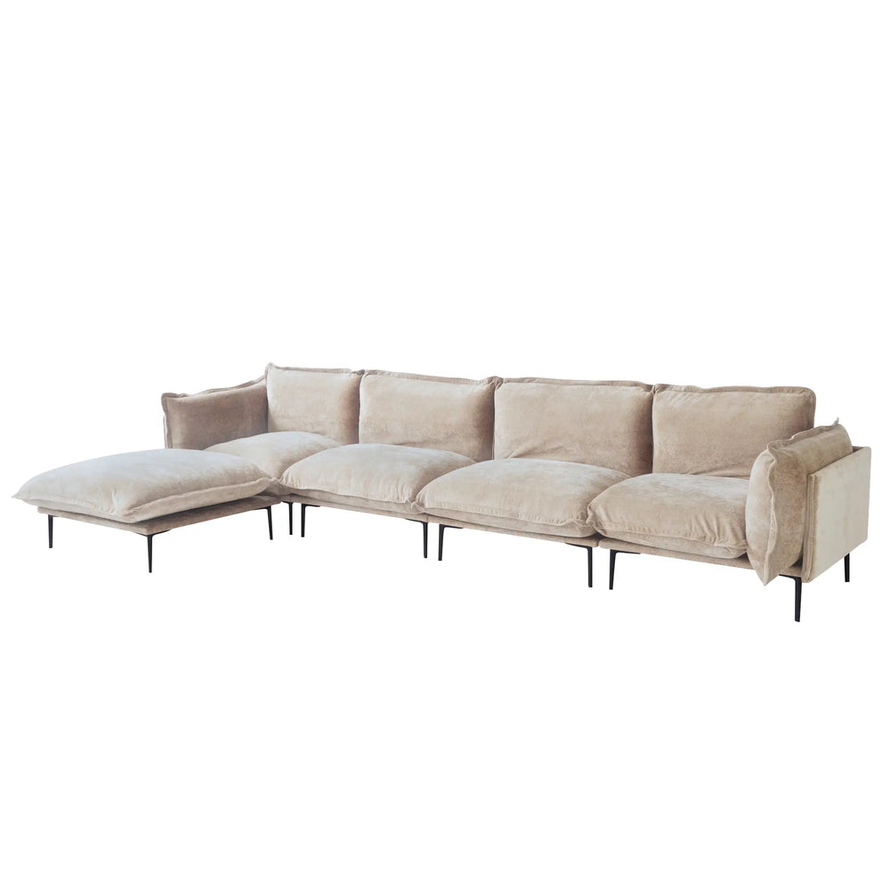 Deluxe Urban Cloud Sectional Sofas | 5-Piece Velvet Brown L-Shaped Sectionals 4-Seater With 1 Ottoman