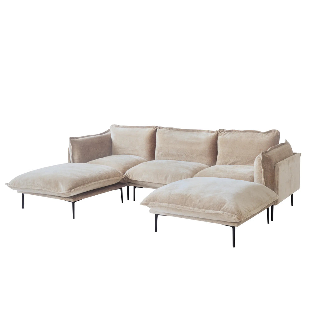 Deluxe Urban Cloud Sectional Sofas | 5-Piece Velvet Brown U-Shaped Sectionals 3-Seater With 2 Ottomans