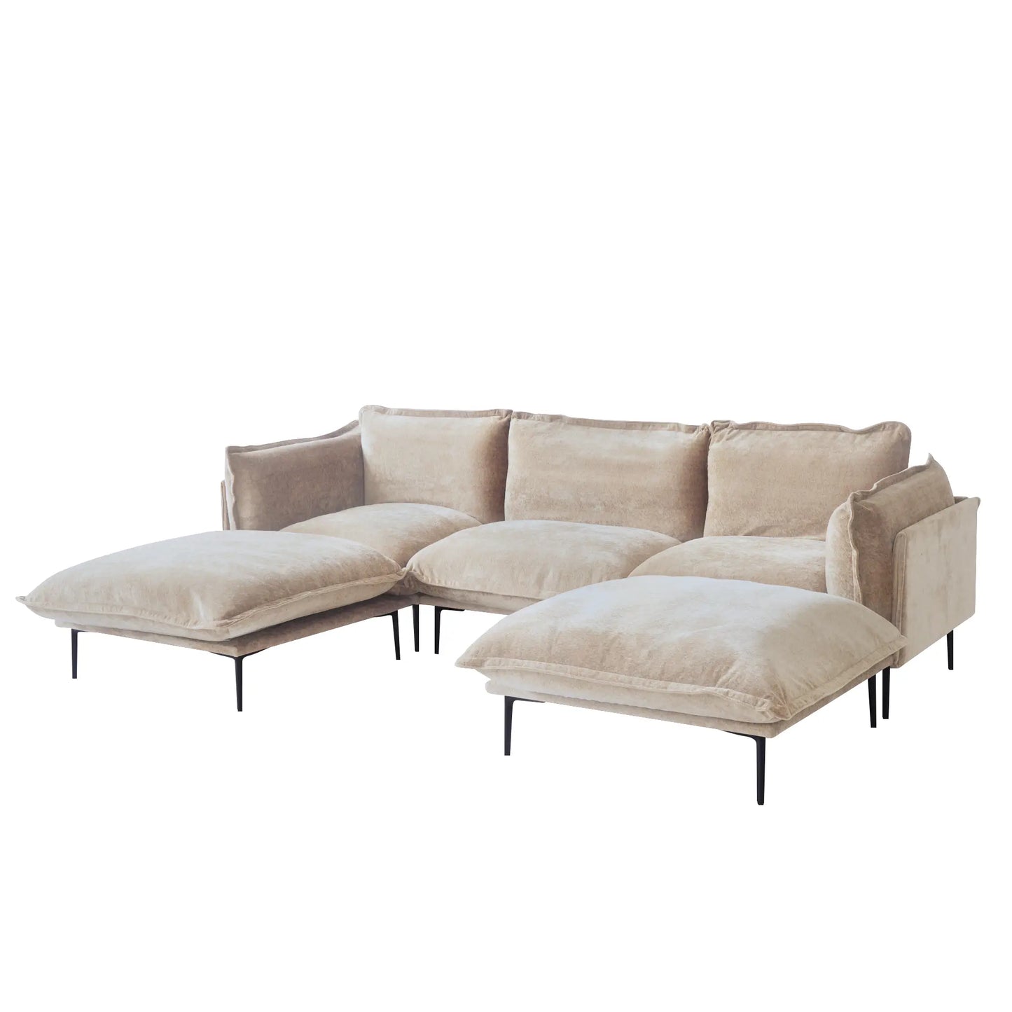 Deluxe Urban Cloud Sectional Sofas | 5-Piece Velvet Brown U-Shaped Sectionals 3-Seater With 2 Ottomans