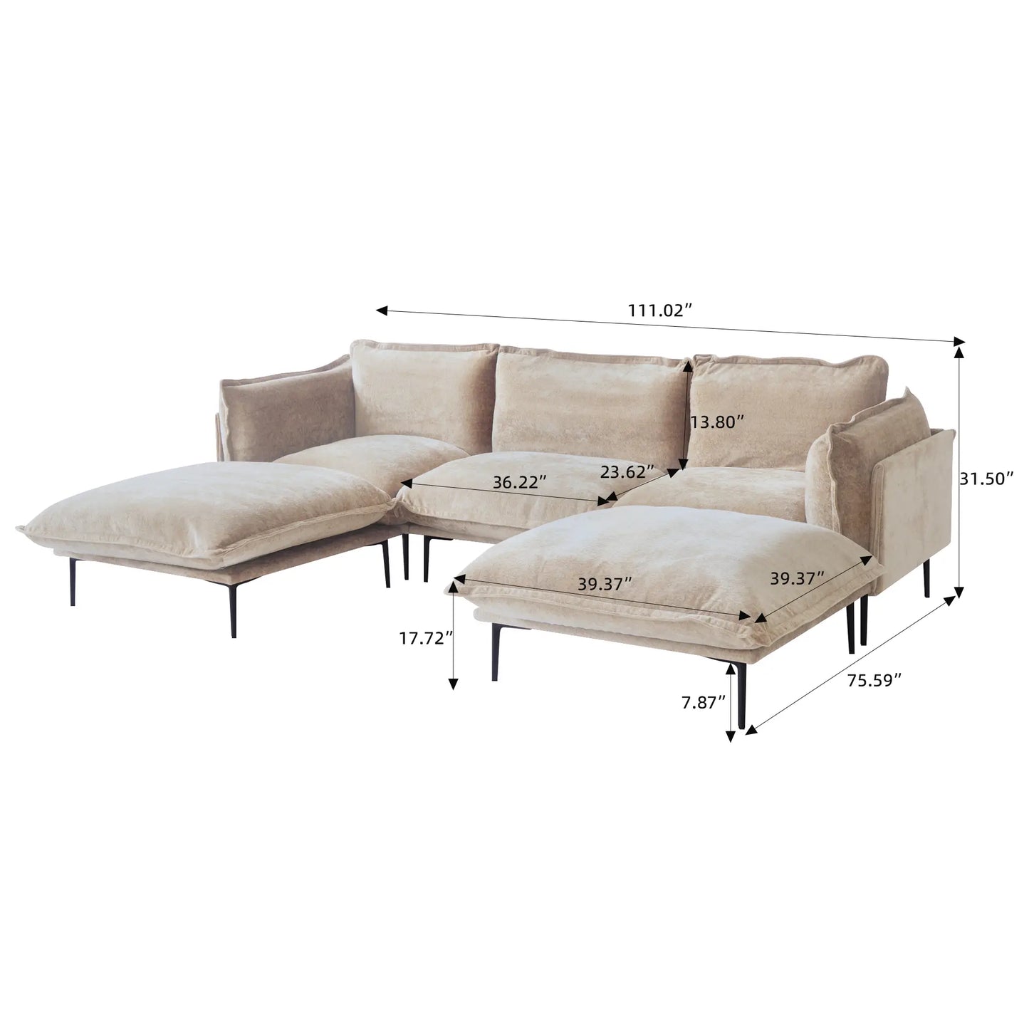Deluxe Urban Cloud Sectional Sofas | 5-Piece Velvet Brown U-Shaped Sectionals 3-Seater With 2 Ottomans