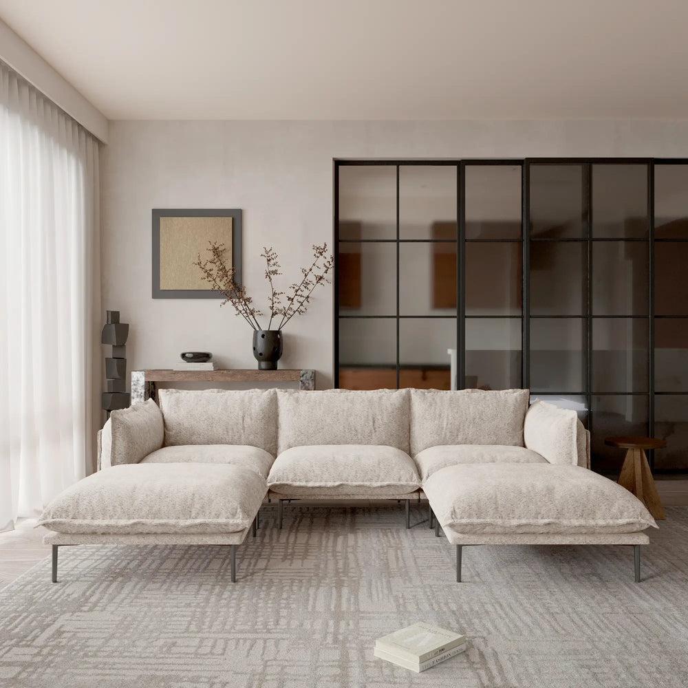 Deluxe Urban Cloud Sectional Sofas | 5-Piece Velvet Brown U-Shaped Sectionals 3-Seater With 2 Ottomans