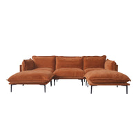 Deluxe Urban Cloud Sectional Sofas | 5-Piece Velvet Orange U-Shaped Sectionals 3-Seater With 2 Ottomans