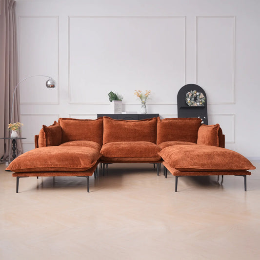 Deluxe Urban Cloud Sectional Sofas | 5-Piece Velvet Orange U-Shaped Sectionals 3-Seater With 2 Ottomans