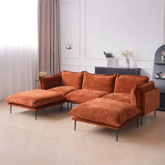 Deluxe Urban Cloud Sectional Sofas | 5-Piece Velvet Orange U-Shaped Sectionals 3-Seater With 2 Ottomans