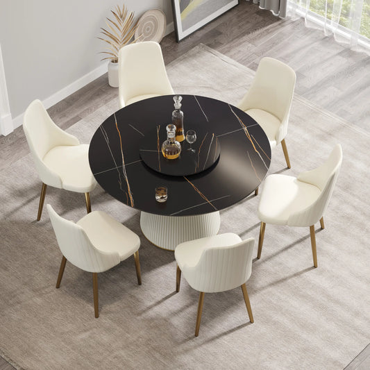 Marbella Sintered Stone Dining Table | 53" Matte Black Round With Lazy Susan Turntable