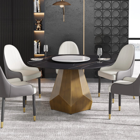 Marbella Sintered Stone Dining Table | 53" Matte Black Round With Lazy Susan Turntable
