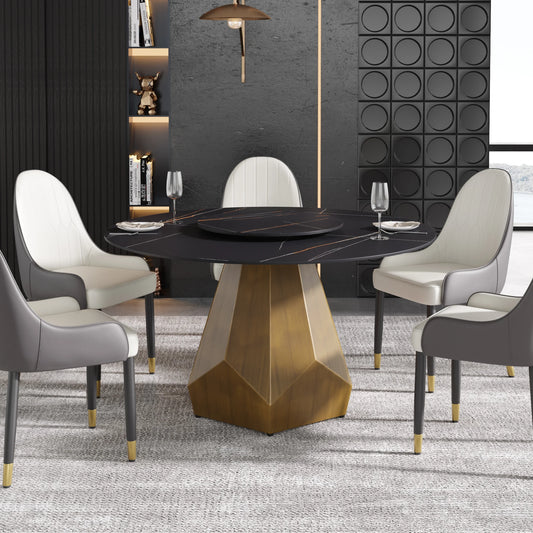 Marbella Sintered Stone Dining Table | 53" Matte Black Round With Lazy Susan Turntable