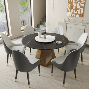 Mesa de comedor Marbella de piedra sinterizada | Redonda de 135 cm (53") en negro mate con plato giratorio Lazy Susan