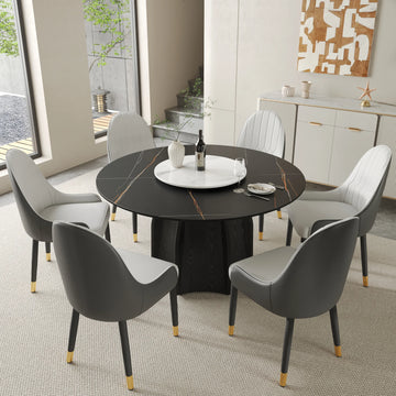 Mesa de comedor Marbella de piedra sinterizada | Redonda de 135 cm (53") en negro mate con plato giratorio Lazy Susan