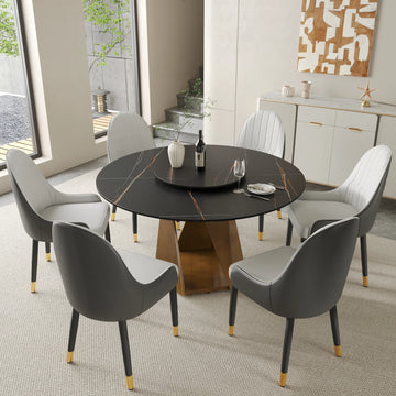 Mesa de comedor Marbella de piedra sinterizada | Redonda de 135 cm (53") en negro mate con plato giratorio Lazy Susan