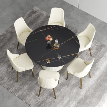 Mesa de comedor Marbella de piedra sinterizada | Redonda de 135 cm (53") en negro mate con base revestida de cuero