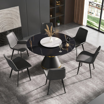 Mesa de comedor Marbella de piedra sinterizada | Redonda de 135 cm (53") en negro mate con base de metal y bandeja giratoria